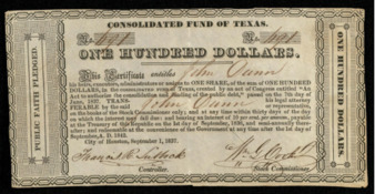 Consolidated Fund of Texas certificate to John Dunn