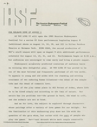 The Houston Shakespeare Festival, 1980 flier