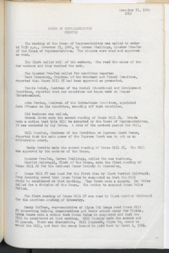 Hardbound Senate Journal, House of Representatives, Minutes, November 21, 1960