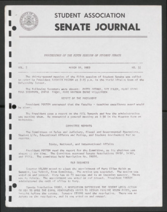 Senate Journal, Fifth Senate, University of Houston Student Government Association, Minutes, Vol. 5, No. 32, March 10, 1969