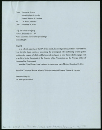 Translation of Vicente de Herrera, Ruperto Vicente de Luyando, and Miguel Calixto de Azedo decree regarding mortgage clerk