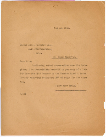Letter from Maurice J. Sullivan to Jacobe Bros. Electric Co., 1926 May 22