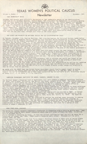 Texas Women's Political Caucus Newsletter, Vol. 4, No. 3, November 1975