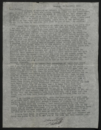 Letter from Lt. Robert B. Fulton to Mr. and Mrs. Fulton, William L., 1941 December 29