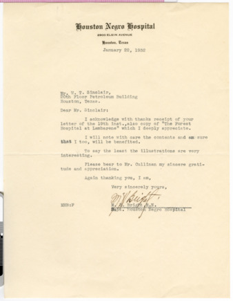 Letter from Margaret H. Bright to W. T. Sinclair, 1932 January 22