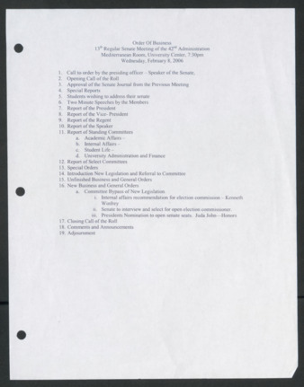 Order of Business [Agenda], 13th Senate Meeting of the 42nd Administration, February 8, 2006