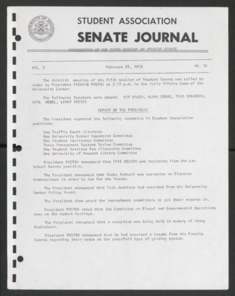 Senate Journal, Fifth Senate, University of Houston Student Government Association, Minutes, Vol. 5, No. 30, February 24, 1969