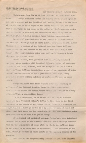 Passing the North Dakota's Presidential Suffrage Bill, Press Release