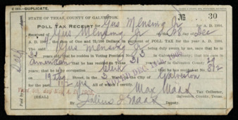 Poll tax receipt for Gus Mensing, Jr.