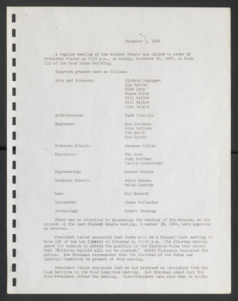 First Senate, University of Houston Student Government Association, Minutes, December 7, 1964