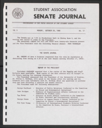 Senate Journal, Third Senate, University of Houston Student Government Association, Minutes, Vol. 3, No. 17, October 24, 1966