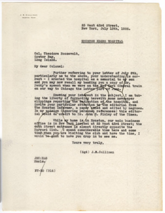 Letter from J. S. Cullinan to Col. Theodore Roosevelt, 1926 July 13