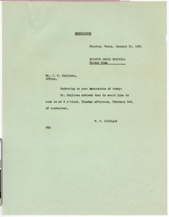 Memorandum from W. T. Sinclair to J. S. Cullinan, 1931 January 31
