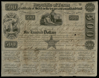Republic of Texas Certificate of Stock to A. Jackson