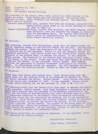 Hardbound Senate Journal, Student Senate, Minutes, December 10, 1962
