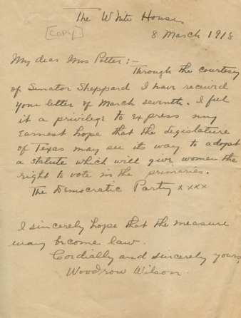 Correspondence between Woodrow Wilson, Minnie Fisher Cunningham, & Elizabeth Potter, 1918 January-1919 May