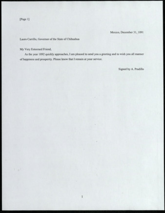 Translation of Letter from A. Pradillo to Lauro Carillo, Governor of Chihuahua, 1891 December 31