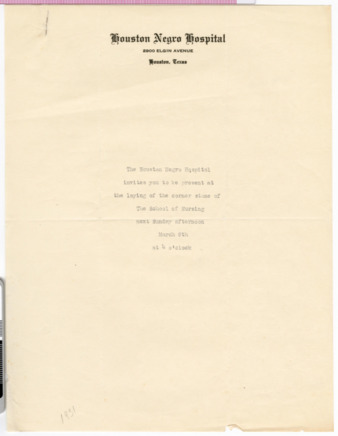 Houston Negro Hospital ceremonial invitation flier