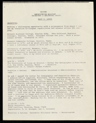 Resume, Mary S. Lopez