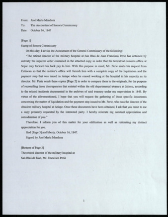 Translation of Letter from José María Mendoza to Accountant of Sonora Commissary, 1847 October 16