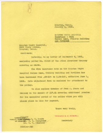 Letter from R. E. Powell to the Houston Negro Hospital, 1932 January 5