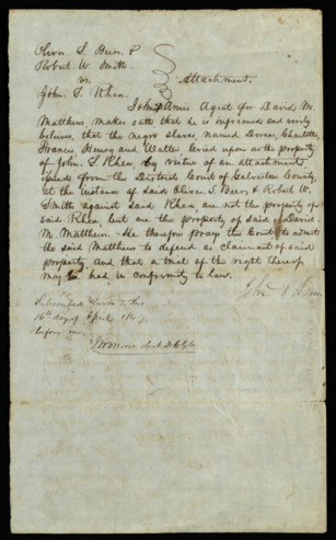 Petition for trial to claim enslaved individuals, Dorcas, Charlotte, Francis, Henry, and Walter as property of enslaver David M. Matthews
