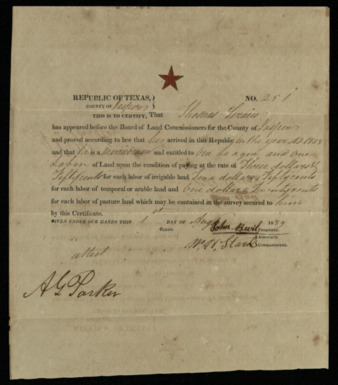 Republic of Texas form document indicating that Thomas Lerain is entitled to a league and labor of land