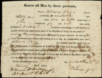 Enlistment forms for the Republic of Texas Army signed by William Grey