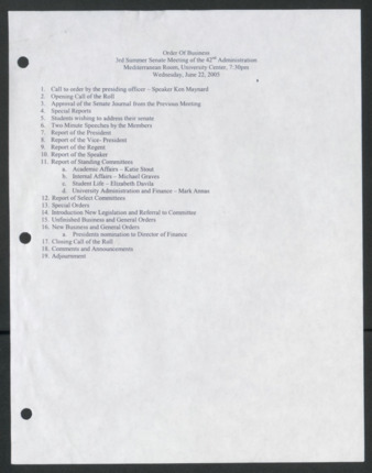 Order of Business [Agenda], 3rd Summer Senate Meeting of the 42nd Administration, June 22, 2005