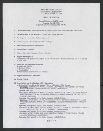 Twenty-ninth Senate, University of Houston, Students' Association, Order of Business, Second Meeting, April 27, 1992