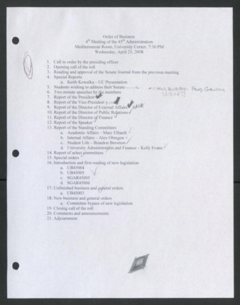 Order of Business, 4th Meeting of the 45th Administration, April 23, 2008
