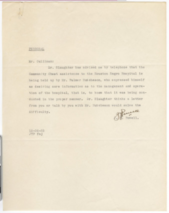 Letter from J. Y. Powell to Mr. Cullinan, 1933 December 30