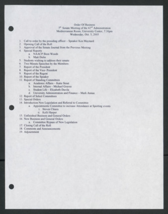 Order of Business [Agenda], 7th Senate Meeting of the 42nd Administration, October 5, 2005