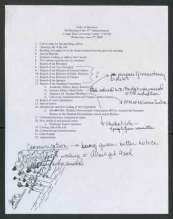 Order of Business [Agenda], 5th Meeting of the 47th Administration, June 2, 2010