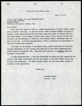 Letter from Marjorie Randal to Houston Equal Rights for Women Welcoming Rally Coordinating Committee, 1977 September 27