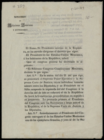 General announcement from Santa Anna to the inhabitants of Mexico, May 20, 1847