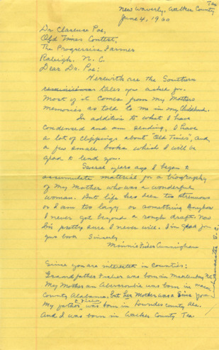 Letter from Minnie Fisher Cunningham to Dr. Clarence Poe