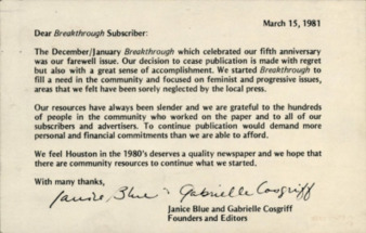Houston Breakthrough farewell note