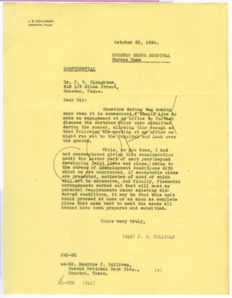 Letter from J. S. Cullinan to J. W. Slaughter, 1930 October 25
