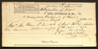 Receipt for $100 for printing of 1,500 certificates of Texas Land Scrip