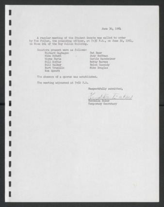 First Senate, University of Houston Student Government Association, Minutes, June 30, 1964