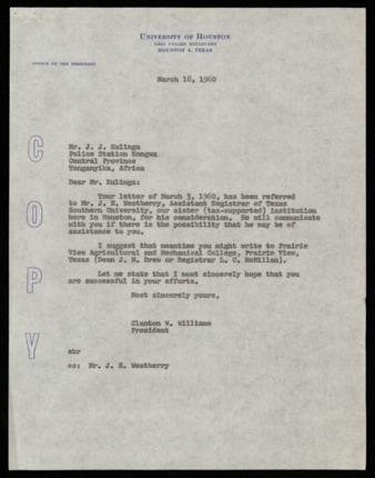 Letter from Clanton W. Williams to J. J. Kulinga, informing him that his letter was referred to Texas Southern University