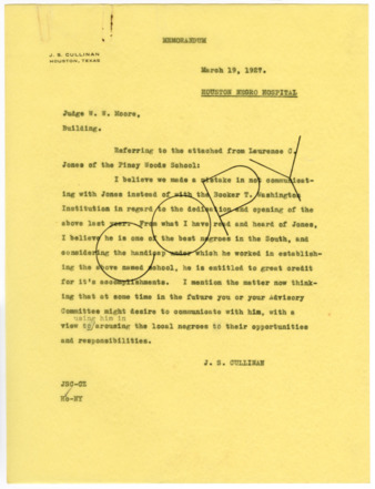 Memorandum from J. S. Cullinan to W. W. Moore, 1927 March 19