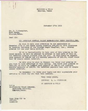 Letter from L. A. Stevenson to Dr. J. W. Slaughter, 1933 November 17