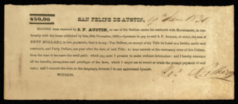 Promissory note to Austin for settlers to use in requesting land title