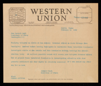 Telegram from Edward Clark to Cordell Hull, 1938 February 14