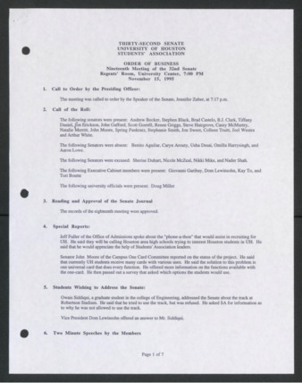 Thirty-second Senate, University of Houston, Students' Association, Order of Business [Minutes], Nineteenth Meeting, November 15, 1995