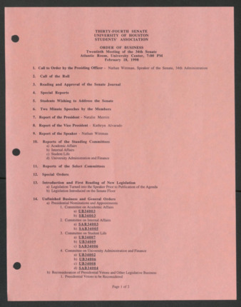 Thirty-fourth Senate, University of Houston, Students' Association, Order of Business [Agenda], Twenty-first Meeting, February 18, 1998