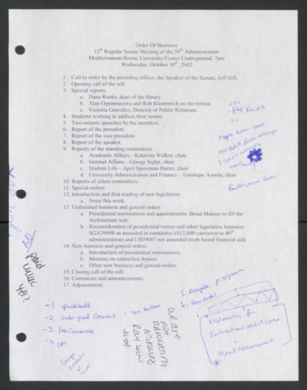 Order of Business [Agenda], 12th Senate Meeting of the 39th Administration, October 30, 2002