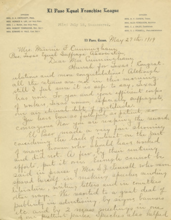 Letter from Belle C. Crtichett to Minnie Fisher Cunningham